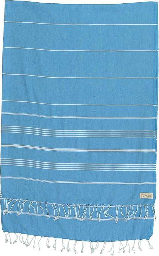 Bersuse Towels Anatolia XL Beach Blanket Throw Blanket Turkish Towel 100% Cotton Extra-Large Quick-Dry Lightweight Premium Peshtemal Towel - 61x82 Inches, Ocean Blue (Set of 3)