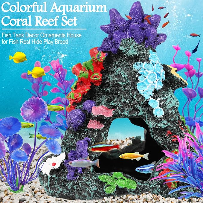 MyLifeUNIT Fish Tank Decorations, 7 Pieces Aquarium Plants Set with Coral Reef Decoration Mountain Cave Ornament for Betta, Goldfish, Shrimp to Breed, Play and Rest (Purple)