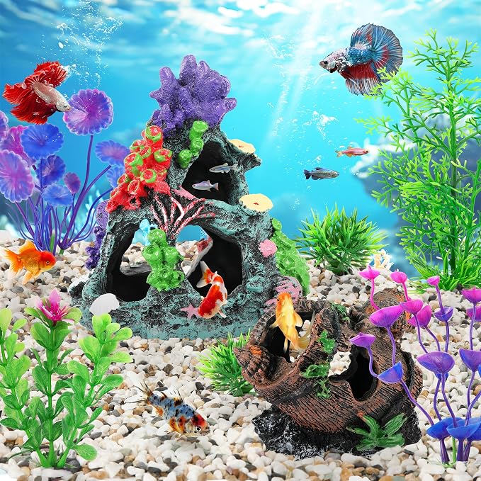 MyLifeUNIT Fish Tank Decor, 2 Pack Artificial Aquarium Coral Reef Rock Decorations for Betta, Goldfish to Breed, Play, Hide and Rest (Coral Reef Mountain+Seashell Wooden Barrel)