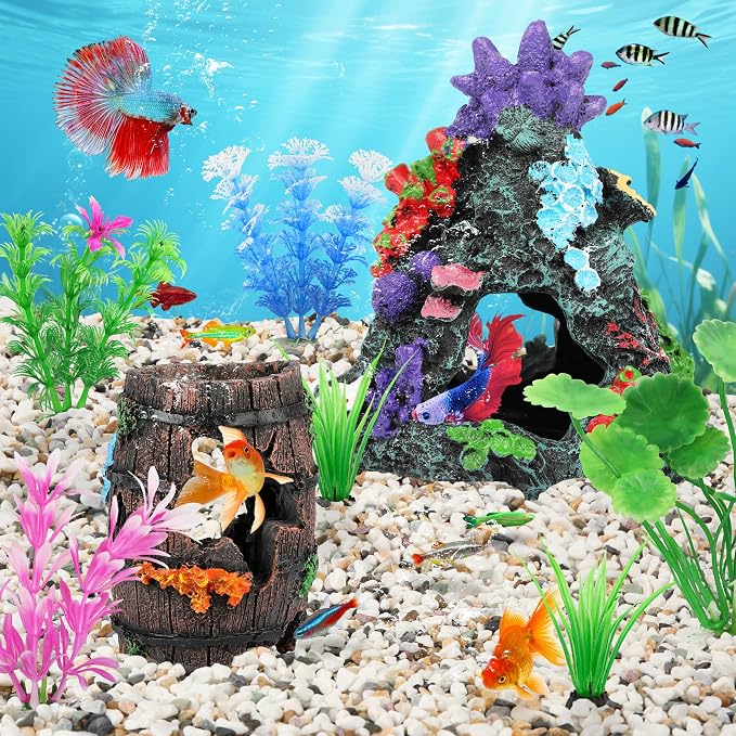 MyLifeUNIT Fish Tank Decor, 2 Pack Artificial Aquarium Coral Reef Rock Decorations for Betta, Goldfish to Breed, Play, Hide and Rest (Coral Reef Mountain+Starfish Wooden Barrel)