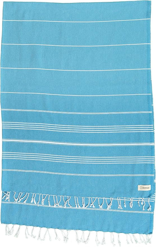 Bersuse Towels Anatolia XL Beach Blanket Throw Blanket Turkish Towel 100% Cotton Extra-Large Quick-Dry Lightweight Premium Peshtemal Towel - 61x82 Inches, Sea Blue (Set of 3)