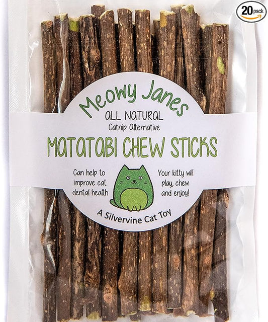Meowy Janes 20 Ct Mini Matatabi Cat Chew Sticks - an All Natural Silvervine Cat Toy and Treat - Catnip Alternative