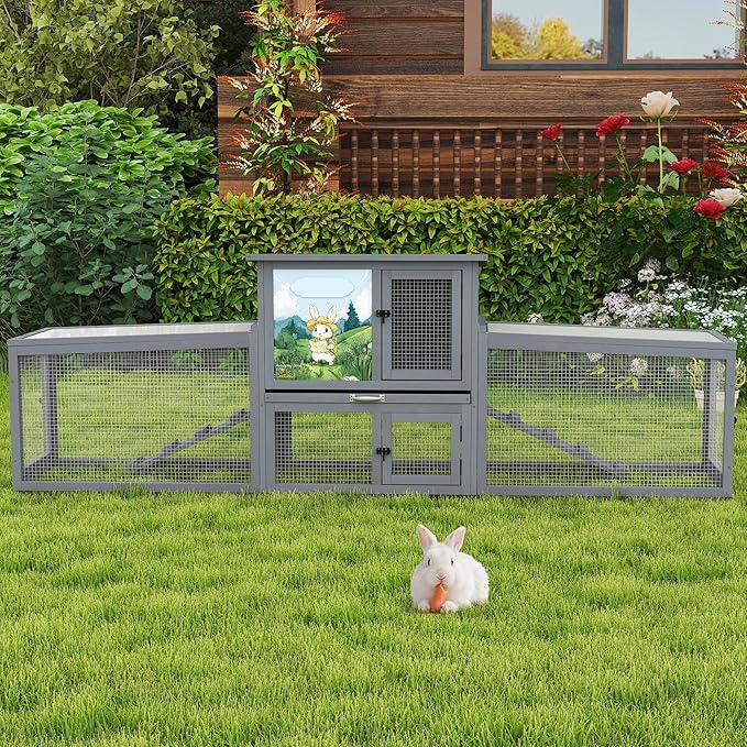 COZIWOW Outdoor Deluxe Rabbit Hutch Health Bundle: 95-Inch Large Cage & Smart Air Purifier for Rabbits, Chickens, and Small Animals