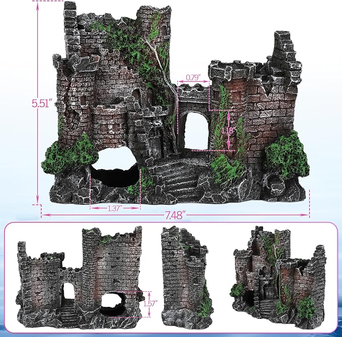 MyLifeUNIT 6 Pieces Fish Tank Decor & Plants for Betta Hide Play Rest | Medieval Ruin Castle, 5 Colorful Aquarium Plants, Resin & Soft Plastic, Weighted Bases, Fits 5-15 Gal Tanks
