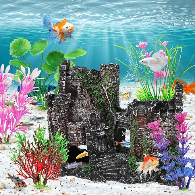 MyLifeUNIT 6 Pieces Fish Tank Decor & Plants for Betta Hide Play Rest | Medieval Ruin Castle, 5 Colorful Aquarium Plants, Resin & Soft Plastic, Weighted Bases, Fits 5-15 Gal Tanks