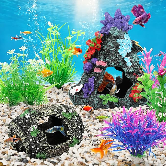 MyLifeUNIT Fish Tank Decor, 2 Pack Artificial Aquarium Coral Reef Rock Decorations for Betta, Goldfish to Breed, Play, Hide and Rest (Coral Reef Mountain+Vintage Wooden Barrel)