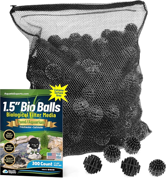 Aquatic Experts 1.5" Large Bio Balls for Ponds – Biological Filter Media for Waterfalls & Outdoor Pond Filters, Treats Up to 1,000 Gallons (300 Count + 14" x 20" Mesh Bag)