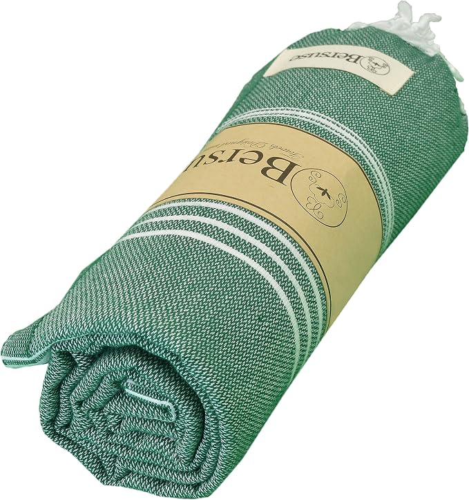 Bersuse Towels Anatolia XL Beach Blanket Throw Blanket Turkish Towel 100% Cotton Extra-Large Quick-Dry Lightweight Premium Peshtemal Towel - 61x82 Inches, Forest Green