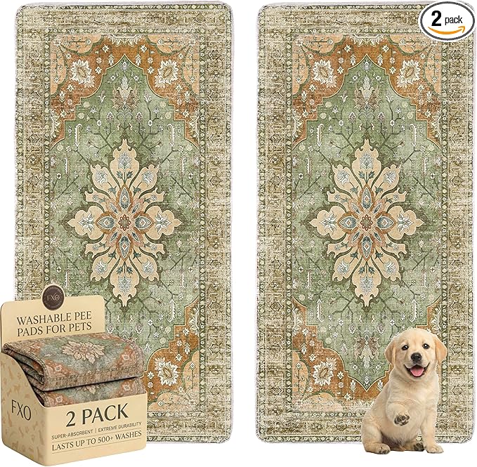 Washable Pee Pads for Dogs,Great Urine Absorbent Reusable Puppy Training Pads,Waterproof,Leak-Proof & Non-Slip Potty Pads for Whelping,Crate，Playpen，Bed.(Green Floral, 36" x72" )