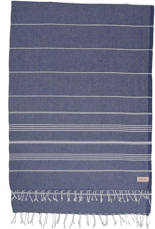 Bersuse Towels Anatolia XL Beach Blanket Throw Blanket Turkish Towel 100% Cotton Extra-Large Quick-Dry Lightweight Premium Peshtemal Towel - 61x82 Inches, Dark Blue
