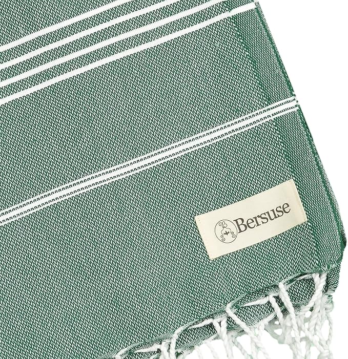Bersuse Towels Anatolia XL Beach Blanket Throw Blanket Turkish Towel 100% Cotton Extra-Large Quick-Dry Lightweight Premium Peshtemal Towel - 61x82 Inches, Forest Green (Set of 6)