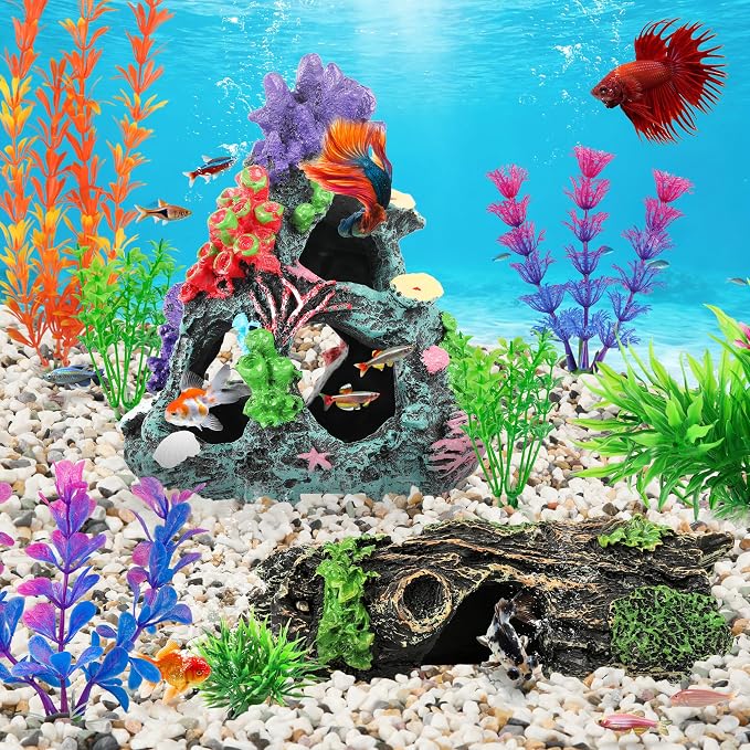 MyLifeUNIT Fish Tank Decor, 2 Pack Artificial Aquarium Coral Reef Rock Decorations for Betta, Goldfish to Breed, Play, Hide and Rest (Coral Reef Mountain+Hollow Tree Trunk)