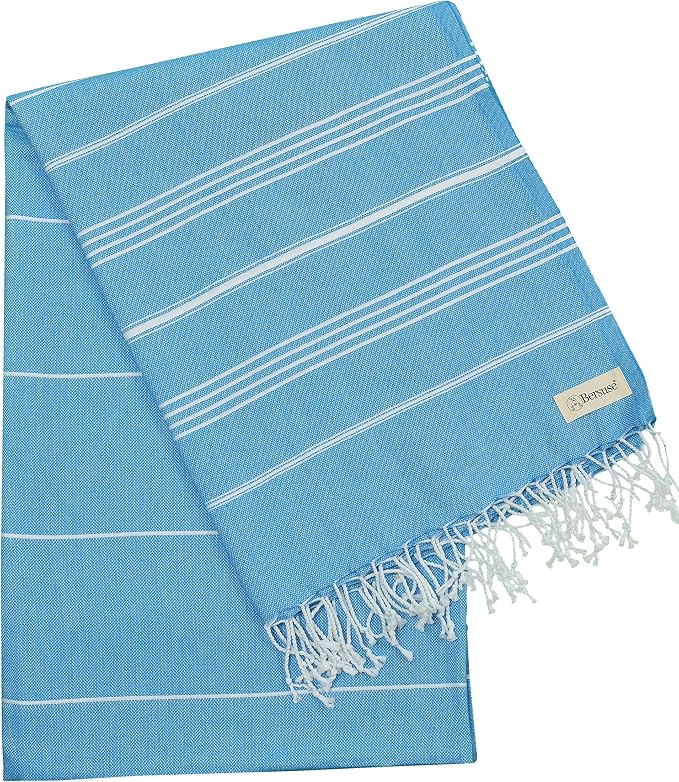 Bersuse Towels Anatolia XL Beach Blanket Throw Blanket Turkish Towel 100% Cotton Extra-Large Quick-Dry Lightweight Premium Peshtemal Towel - 61x82 Inches, Ocean Blue (Set of 3)